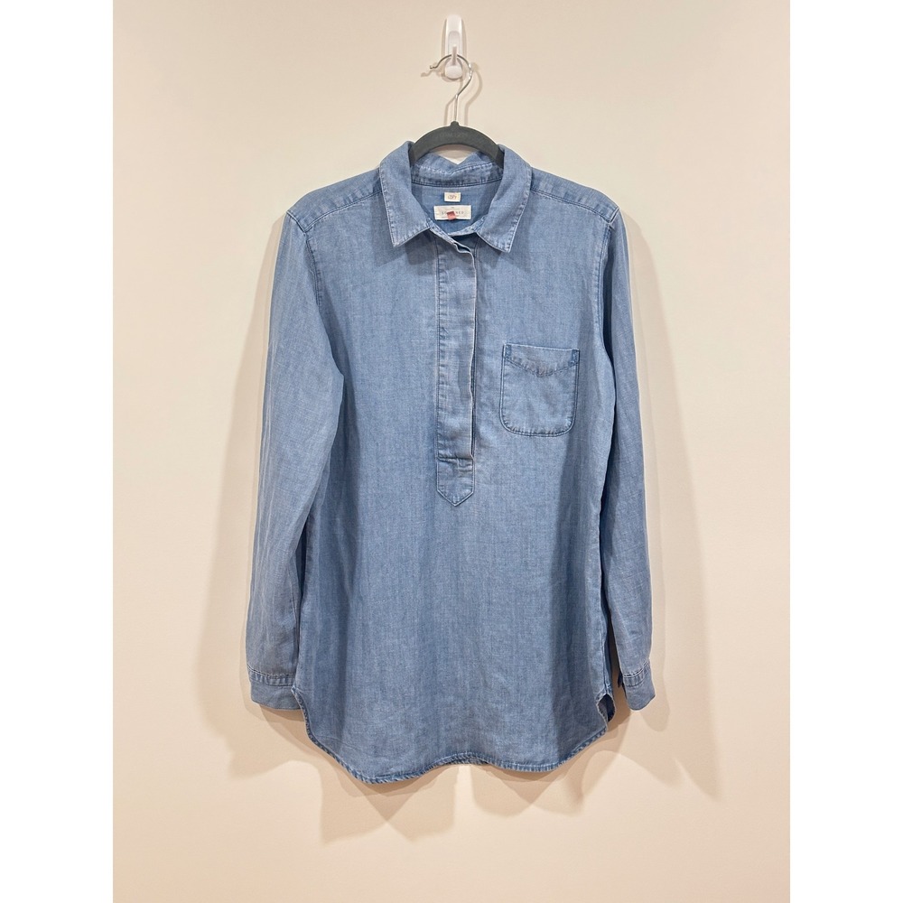 Loft Softened Shirt Womens Medium Blue Denim Lyocell Linen Tunic Long Sleeve